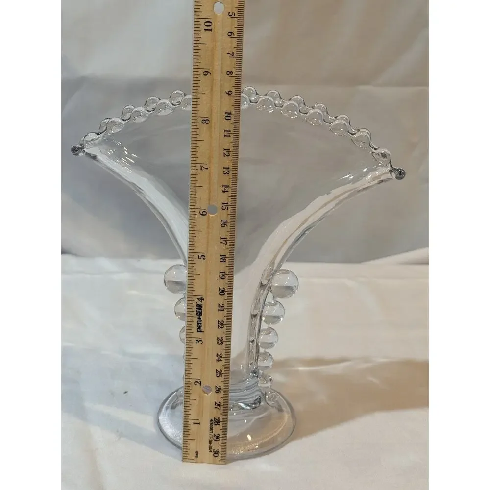 Imperial Glass Candlewick Clear Fan Vase 8.5” Beaded Rim Bubble Handles Vintage